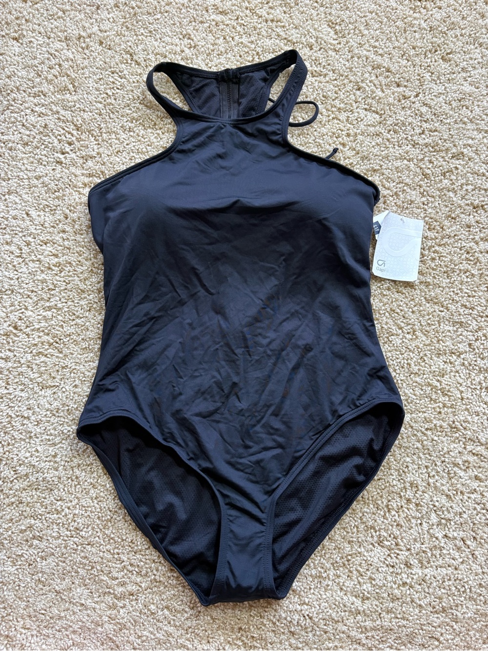 NWT GapFit High Neck Zip Back One Piece Swimsuit XL Black Athletic Swimwear